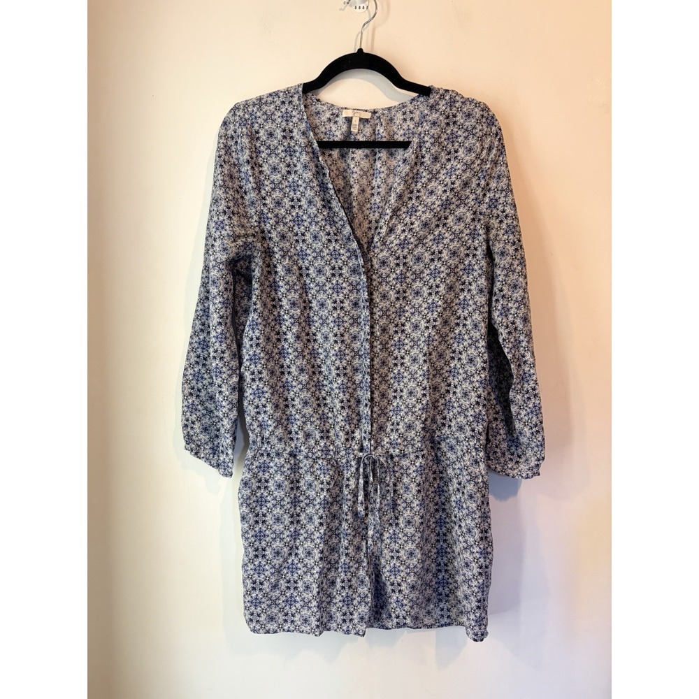 Joie Rialto Short Romper‎ SZ Large Cielo Blue White Floral 100% Silk Long Sleeve